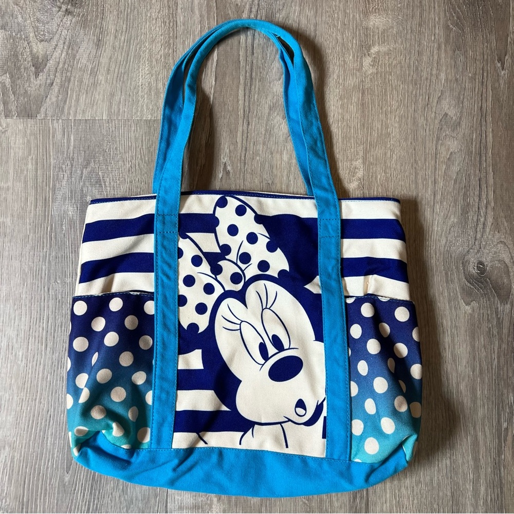 Disney Minnie Mouse Blue and White Polka Dots Canvas‎ Tote with Handles